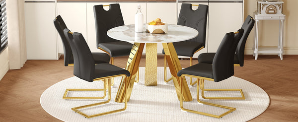 English Elm Table 42-Inch White Imitation Marble Dining Set With 6 Elegant Black Chairs & Gold Metal Legs W2920S00052-GIGA