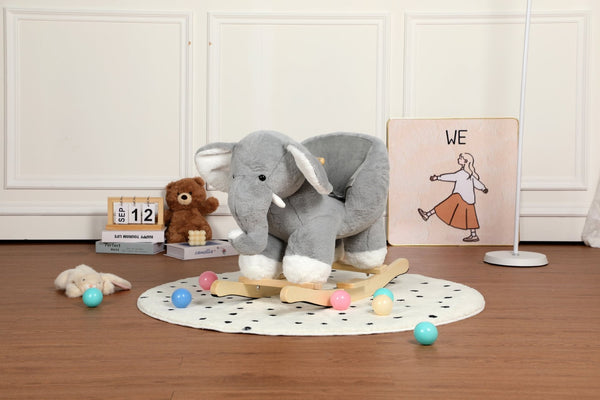 English Elm Kids Elephant Plush Rocking Toy with Sound Button Safety Belt and Sturdy Steel Frame W3723P374146