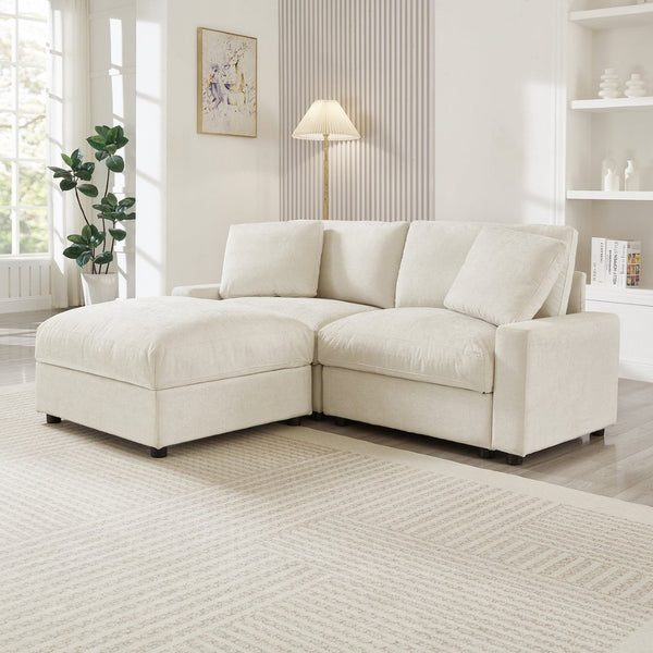 English Elm 72.05" L-shaped Sectional Sofa Cloud Cushion Polyester with Storage Ottoman Small Space Beige W1669S00050