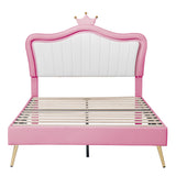 English Elm Full Size Upholstered Bed Frame With Led Lights,Modern Upholstered Princess Bed With Crown Headboard,White+Pink