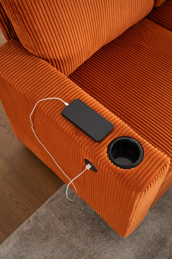 English Elm Sectional Corduroy Sleeper Sofa with Storage and Charging Ports for Small Spaces Orange W1361S00076