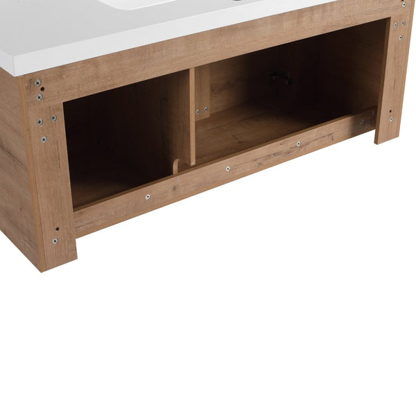 English Elm 48" Floating Bathroom Vanity Dual Ceramic Vessel Sinks Oak Finish Soft Close Doors W999S00507