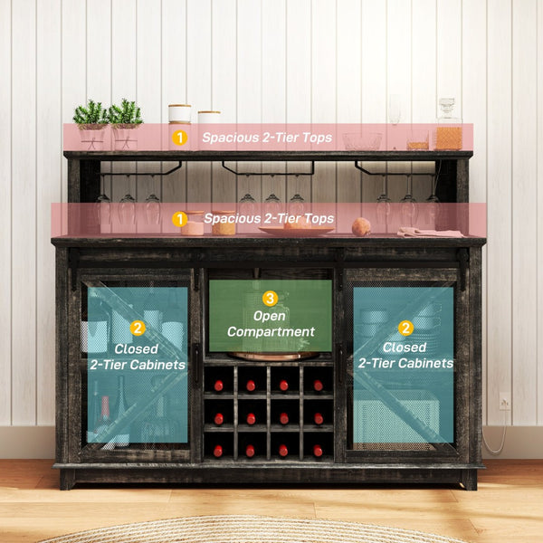 English Elm Farmhouse Wine Cabinet with Led Lighting Sliding Barn Doors and 12 Bottle Storage T3971P428310