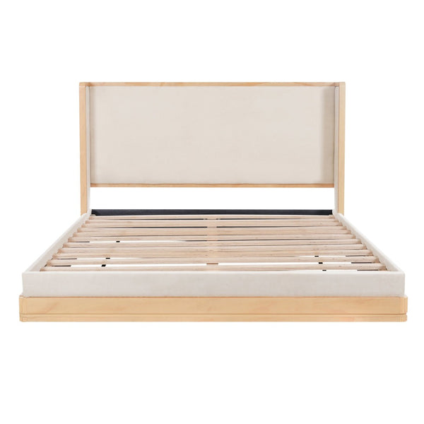 English Elm Mid-century Queen Platform Bed Curved Waterfall Headboard Natural Wood Beige Upholstered N769Q354925W