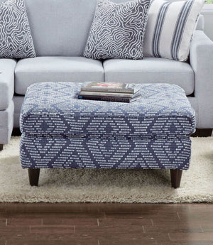 English Elm Blue Navy Pattern Ottoman 37.5" Square — Contemporary Upholstery, Espresso Tapered Block Legs, Stylish Accent Piece B2741P355170