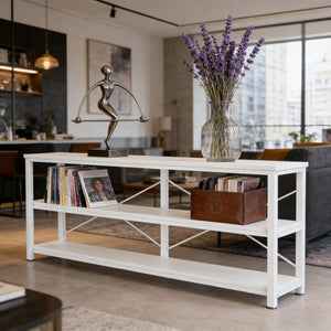 English Elm Display Shelf Extra Long Console Table with Three Open Tiers and Industrial X Frame T3971P453174