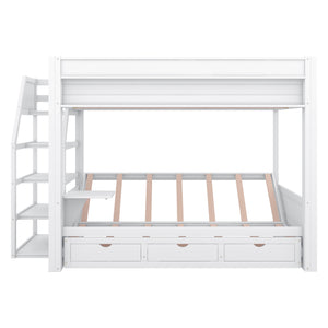 English Elm Wood Full Size Convertible Bunk Bed with Staircase Storage, Bedside Table and 3 Large Drawers, Durable Pine Finish White GX000335AAK-1