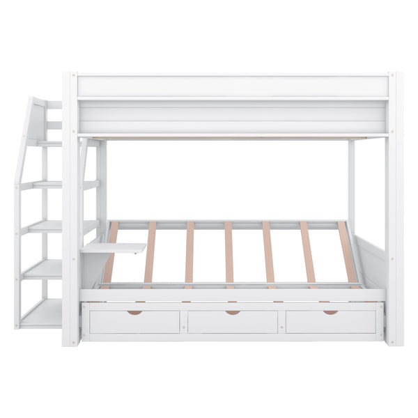 English Elm Wood Full Size Convertible Bunk Bed with Staircase Storage, Bedside Table and 3 Large Drawers, Durable Pine Finish White GX000335AAK-1