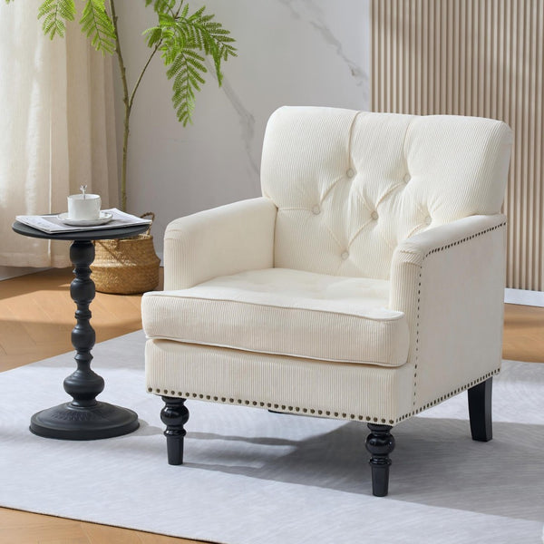 English Elm Tufted Button Corduroy Accent Chair Mid Century Studded Armchair for Living Room Beige W3523P387526