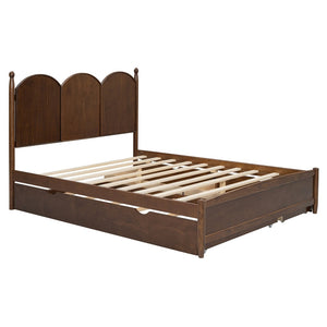 English Elm Queen Size Platform Bed With Twin Xl Trundle & 2 Spacious Drawers - Elegant Walnut Design Upgrade N820S00025D-GIGA
