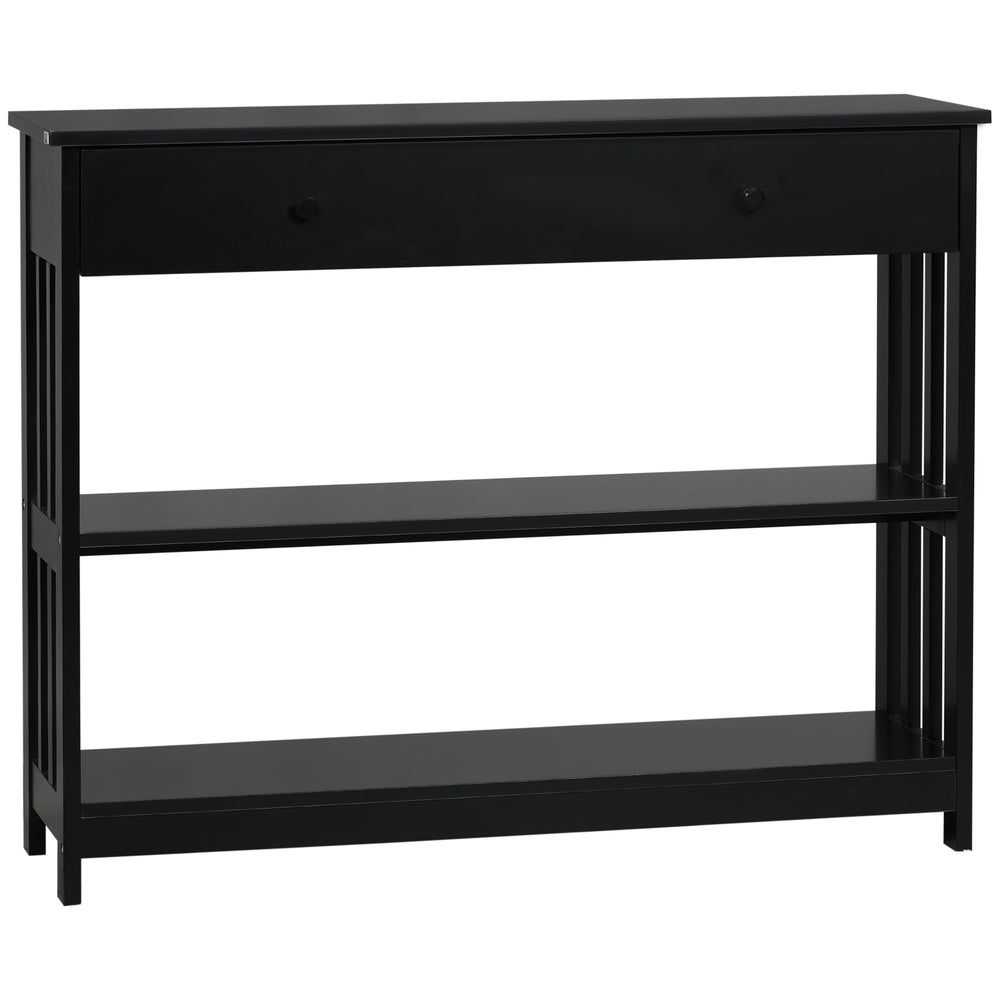 English Elm HOMCOM Narrow Console Table with Extra Wide Drawer, Slatted Frame, 2 Open Shelves & Anti-Tip Safety Black W2225P249592