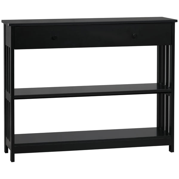 English Elm HOMCOM Narrow Console Table with Extra Wide Drawer, Slatted Frame, 2 Open Shelves & Anti-Tip Safety Black W2225P249592