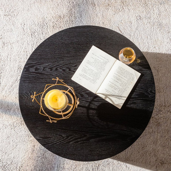 English Elm Round Lift Coffee Table with Hidden Storage and Smooth Hydraulic Raise, Solid MDF Pine Build Black W3081P360271