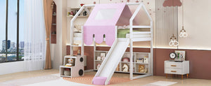 English Elm Twin House Loft Bed with Tent Canopy Slide and Shelves Pinewood Kids Frame White LT000682AAK-1