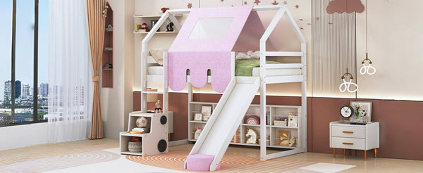 English Elm Twin House Loft Bed with Tent Canopy Slide and Shelves Pinewood Kids Frame White LT000682AAK-1