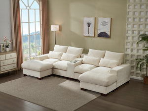 English Elm Modern Sectional Sofa with Console USB Charging and Reading Light, Velvet Microfiber, Solid Wood Frame Beige B205S00082