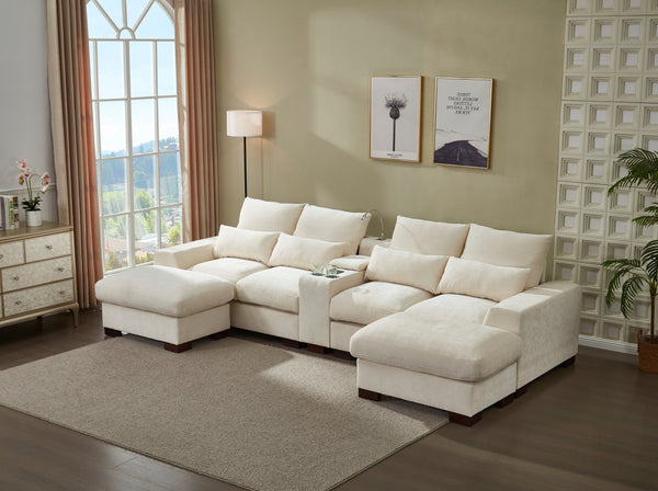 English Elm Modern Sectional Sofa with Console USB Charging and Reading Light, Velvet Microfiber, Solid Wood Frame Beige B205S00082