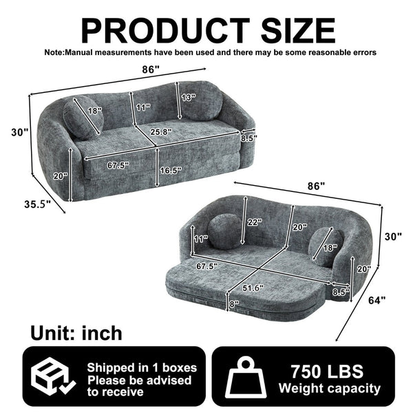 English Elm 86-inch Curved Chenille Convertible Sofa Recliner Frameless Folding Two-seater for Living Room Grey W3505P452818