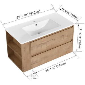 English Elm 36" Wall Mounting Bathroom Vanity With Ceramic Sink, Side Adjustable Shelf, Soft-Close Drawers, Water-Resistant Plywood Finish W999S00142
