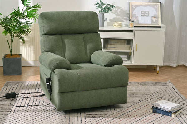 English Elm Oversized Power Lift Recliner Chair with Remote Control, Spacious Fabric Seat and Side Pocket for Comfort and Support Dark Green W1028P261277