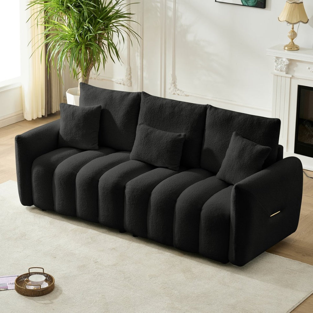 English Elm 78 Inch Teddy Velvet Three Seat Sofa Solid Wood Frame Plush Cushions for Living Room Black W2564S00125
