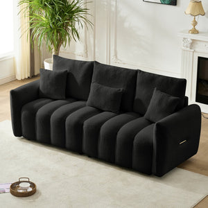 English Elm 78 Inch Teddy Velvet Three Seat Sofa Solid Wood Frame Plush Cushions for Living Room Black W2564S00125