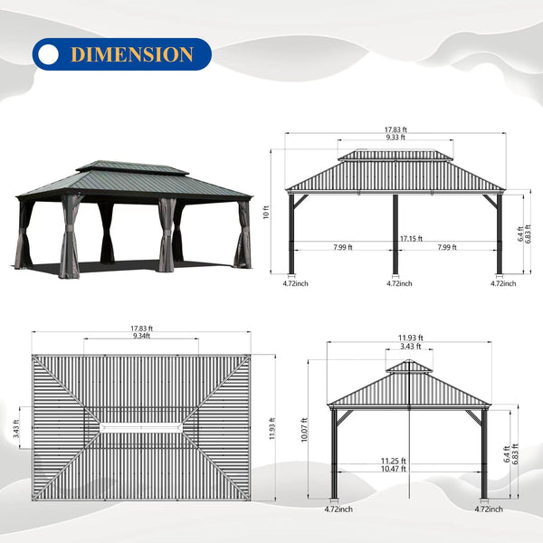 English Elm 12' X 18' Hardtop Gazebo – Durable Metal Canopy With Steel Roof, Curtains, Netting For Year-Round Comfort W1859S00162