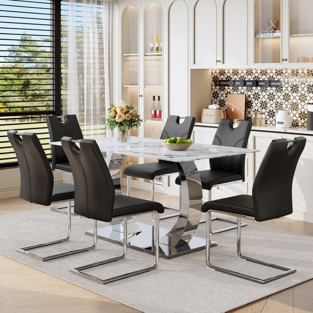 English Elm Switchable Base Glass Top Dining Set Six Pu Leather Armchairs Modern Minimalist W2920S00119