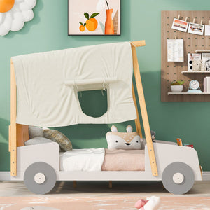 English Elm Wood Full Size Car Bed with LED Night Lights, Pine Frame, Imaginative Canopy & Cozy Pillow (Natural) WF309289AAM