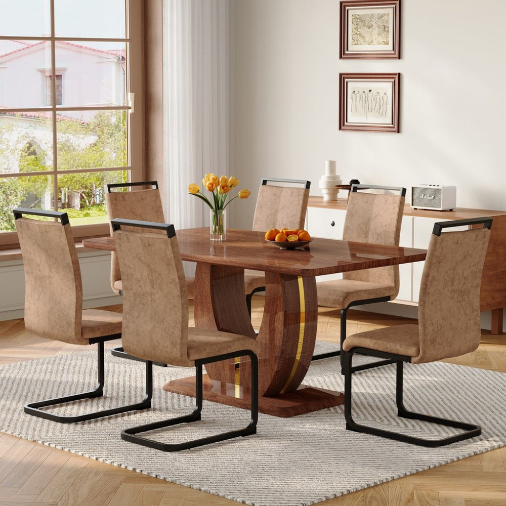 English Elm Table and Chair Set Seats 10 with Marble Mdf Top Brown Fabric Dining Chairs W1151S04402