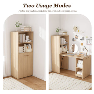 English Elm Stretchable expandable office desk with magnetic fold, lockable casters, adjustable shelves for storage and space-saving Natural Wood W509P355681