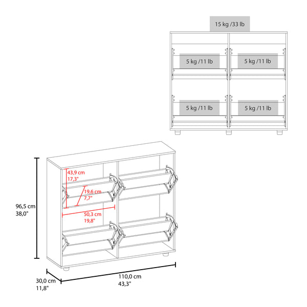 English Elm Opal Four-Door Shoe Cabinet with 20-Pair Capacity, Segmented Shelves, Modern White Finish B200P335358