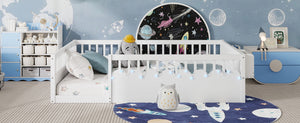 English Elm Full Montessori floor bed offering high rails, built-in light and shelf for safe independent sleep and storage White 79.13 L x 13 W x 6.3 H W2593P333586