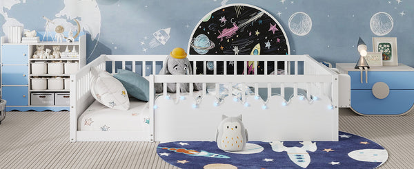 English Elm Full Montessori floor bed offering high rails, built-in light and shelf for safe independent sleep and storage White 79.13 L x 13 W x 6.3 H W2593P333586