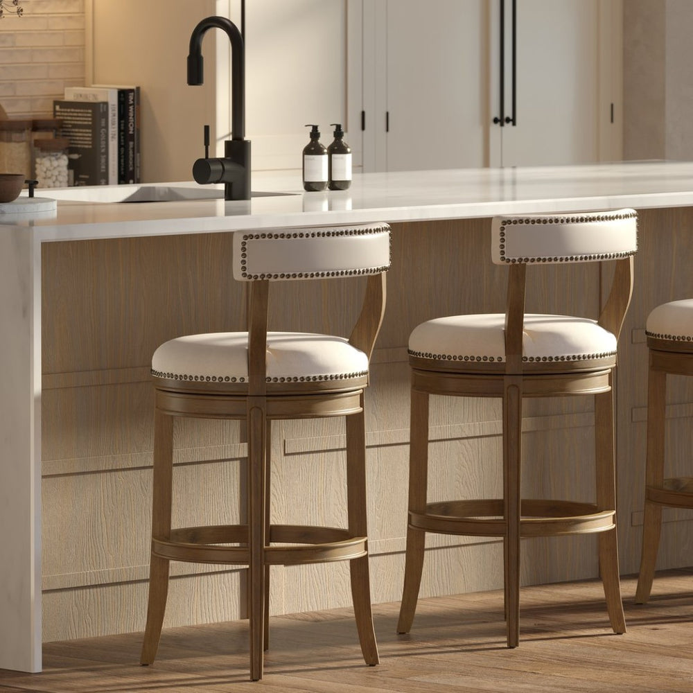English Elm 31" Swivel Barstool Linen Upholstered Seat Nailhead Trim Warm Wood Kitchen Island Pecan B2751P436451