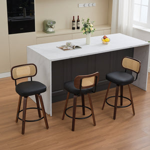 English Elm Set of 3 Swivel Counter Stools with Cane Back and Upholstered PU Seat, Walnut Wood, Ergonomic Comfort Black W1143P300159