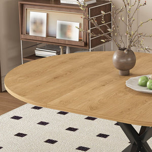 English Elm Extendable Round Oak Finish Dining Table Seats Six with Steel Base Modern Kitchen W2700P420811