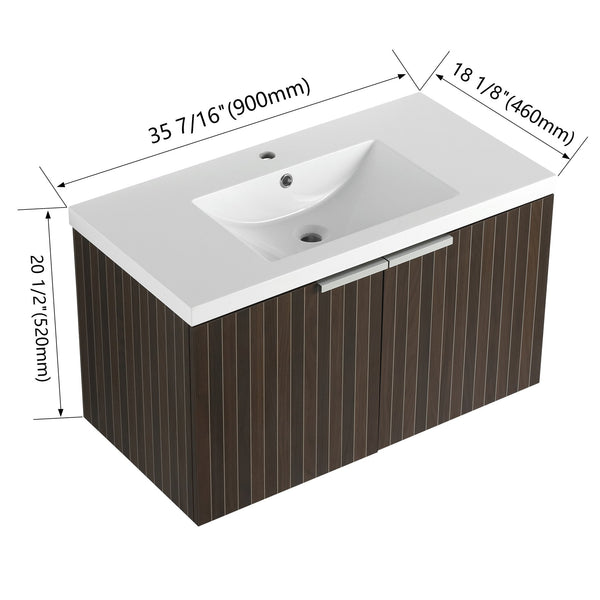 English Elm 36 Inch Silver-Brown Stripe Wall-Mounted Vanity with Resin Sink, Soft-Close Doors & Spacious Storage W999P204953