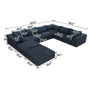 English Elm 157.6" Cloud Sofa with Feather-Filled Cushions, Modular Deep-Seat Corduroy Design, No Assembly Required Blue W2824S00104