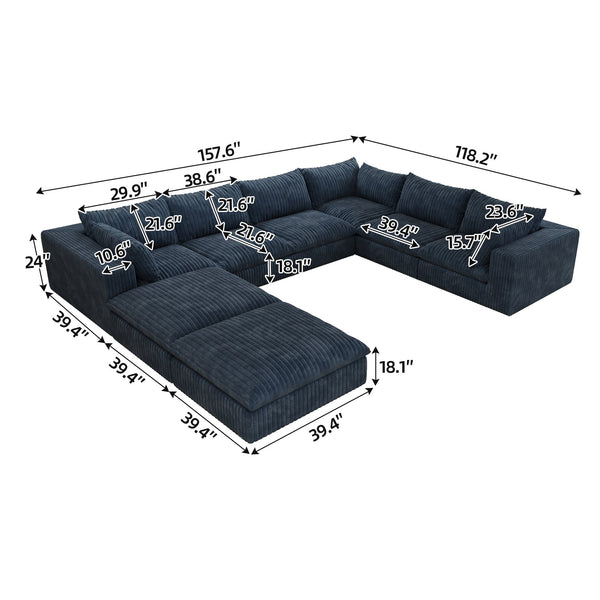 English Elm 157.6" Cloud Sofa with Feather-Filled Cushions, Modular Deep-Seat Corduroy Design, No Assembly Required Blue W2824S00104
