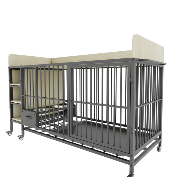 English Elm Large Iron Mdf Pet Enclosure with Storage Cabinet Rolling Casters and Steel Feeding Basins W3064P245384