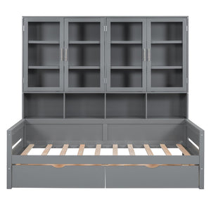 English Elm Twin Size Wooden Daybed With Stylish Glass Cabinets, Led Lighting & Open Shelves For Modern Spaces N820S00050E-GIGA