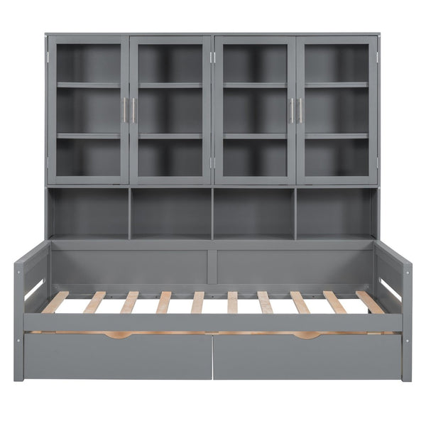 English Elm Twin Size Wooden Daybed With Stylish Glass Cabinets, Led Lighting & Open Shelves For Modern Spaces N820S00050E-GIGA