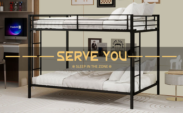 English Elm Multi-Functional Square Tube Iron Bunk Bed with Dual Ladders, Sturdy Space-Saving Frame for Rooms Black W1935P360917