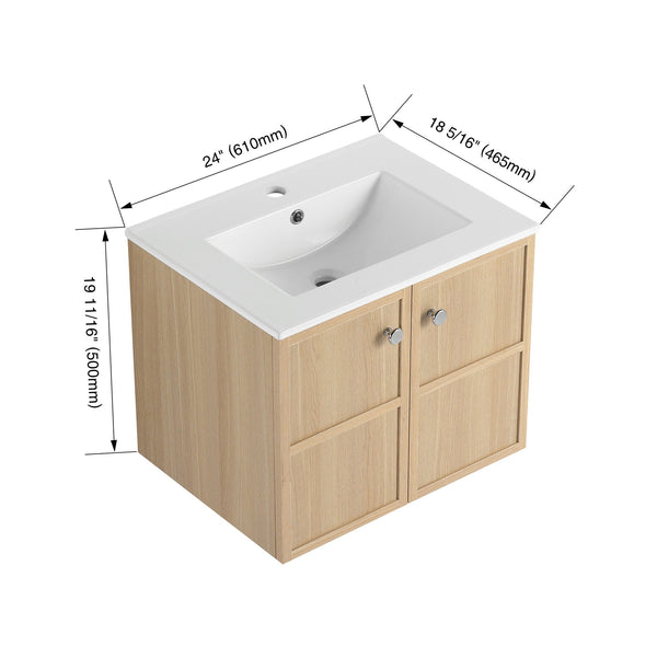 English Elm 24" Modern Wall Vanity with Ceramic Sink, Oak Plywood Cabinet, 2 Soft-Close Doors, Handles Included W1972S00021