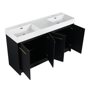 English Elm 60 Inch Freestanding Bathroom Vanity With Resin Double Sink & Soft-Close Doors For Modern Spaces W999S00181
