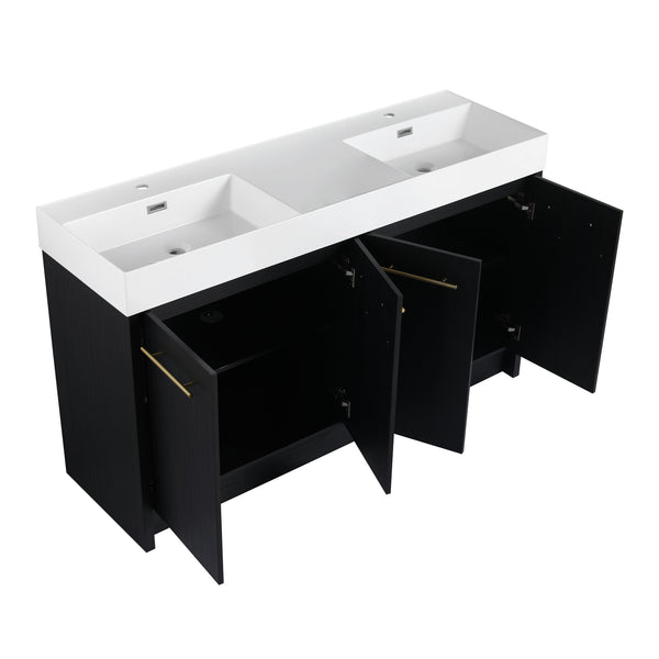 English Elm 60 Inch Freestanding Bathroom Vanity With Resin Double Sink & Soft-Close Doors For Modern Spaces W999S00181