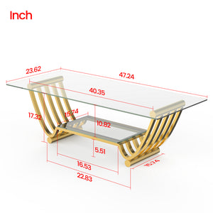 English Elm 47" Modern Rectangle Coffee Table With Double-Layer Glass Shelves, Stylish Gold Frame & Storage Solution W2978S00013