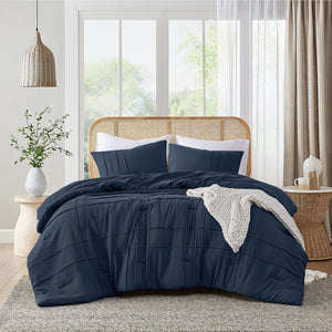 JLA Home Comfort Spaces - Soft Pinch-Pleat Microfiber Comforter Set with Subtle Grid Texture, Year-Round Lightweight Warmth Navy AM10-0399