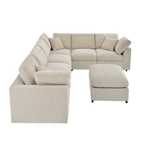 English Elm U_style Seven Seat Modular Sectional Chenille Sofa with Ottoman Pine Frame Living Room Beige WY000469AAA